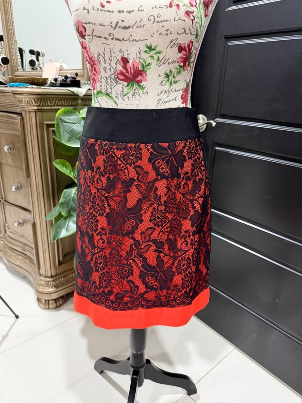 The Limited Red Lace-Overlay Pencil Skirt with Black Waistband